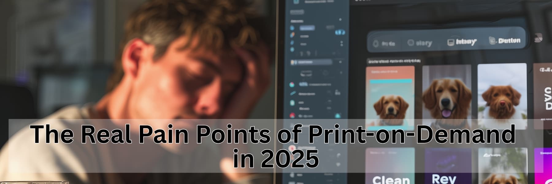 Person using a computer with print-on-demand software open, text overlay about pain points in 2025.