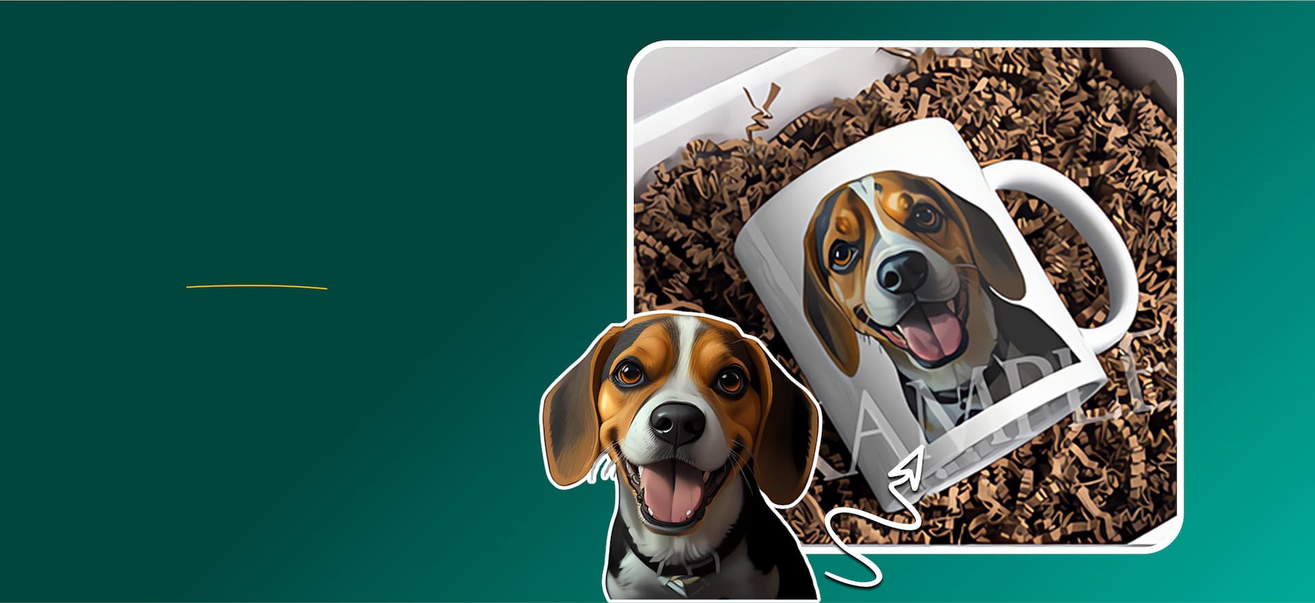 Hero Banner Homepage 01: Mug with dog design in a decorative box on a teal background