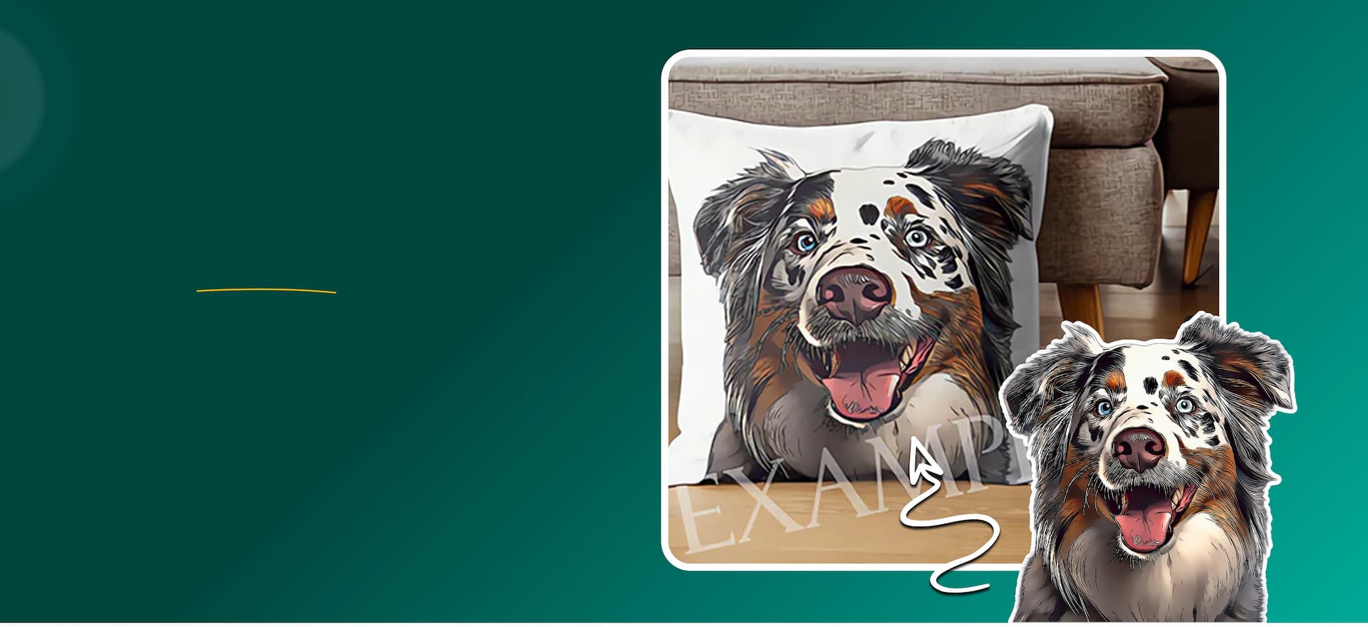 Hero Banner Homepage 02: Dog pillow with a dog's face on it, displayed on a sofa against a green background.