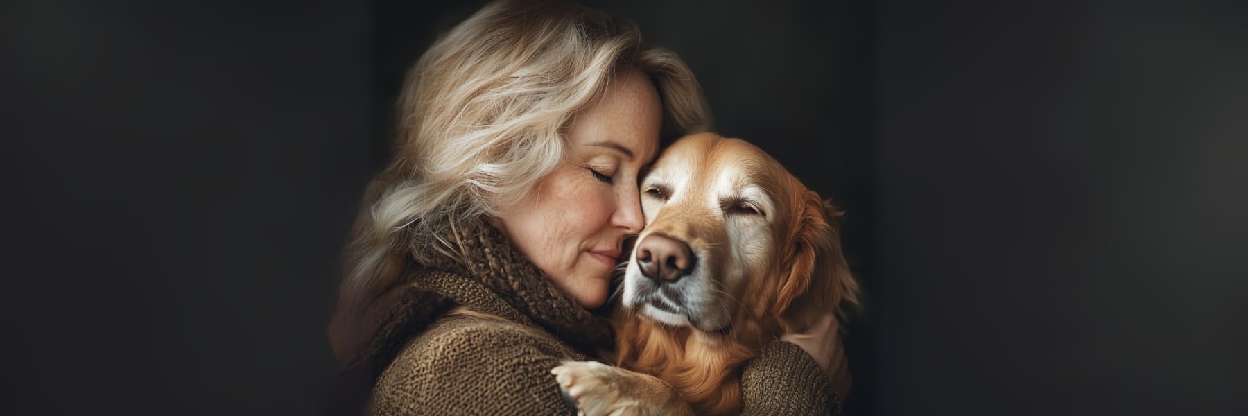 Main image for the blog post - 'Why pet lovers are perfect POD customers!'. Woman hugging a dog against a dark background