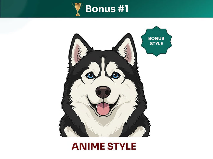 Get your extra bonus #1 - a unique Alaskan Malamute Dog Portrait in Anime art style.