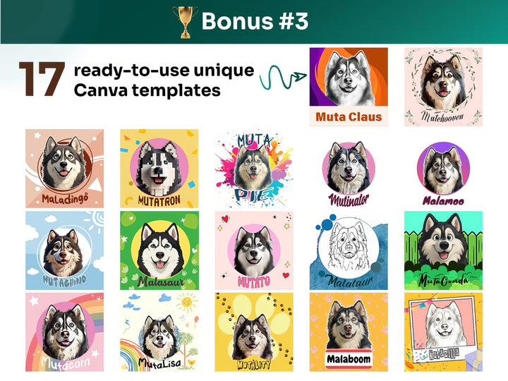 Get your bonus #3 – Canva Template Preview Featuring 17 Design Styles of Alaskan Malamute Portrait Art for POD