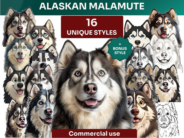 Alaskan Malamute Clipart Bundle, Dog Portraits Bundle in 16 Unique Art Styles, Alaskan Malamute PNG Files