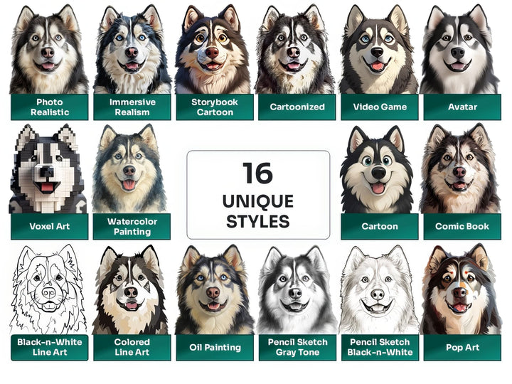 Alaskan Malamute PNG Clipart in 16 Art Styles including Realistic, Cartoon, Avatar, Watercolor, Line Art, Sketch, and More