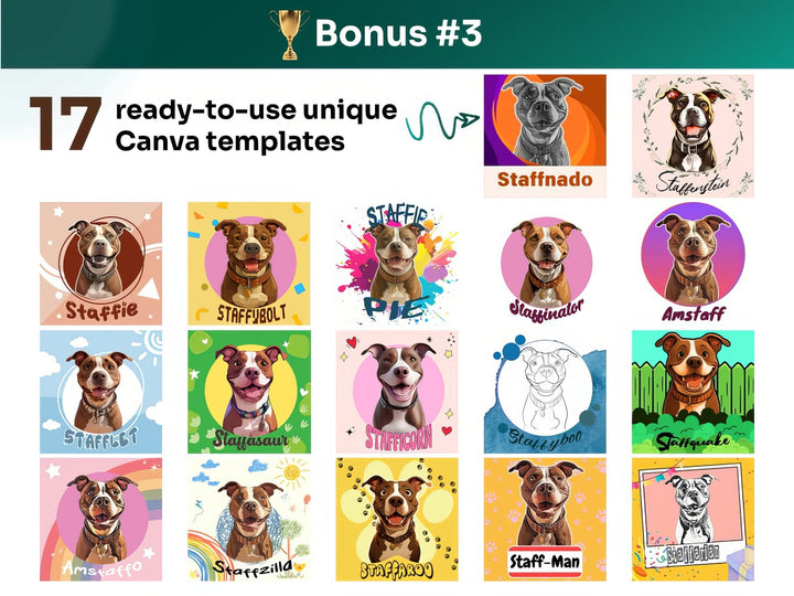 Get your bonus #3 – Canva Template Preview Featuring 17 Design Styles of American Staffordshire Terrier Portrait Art for POD