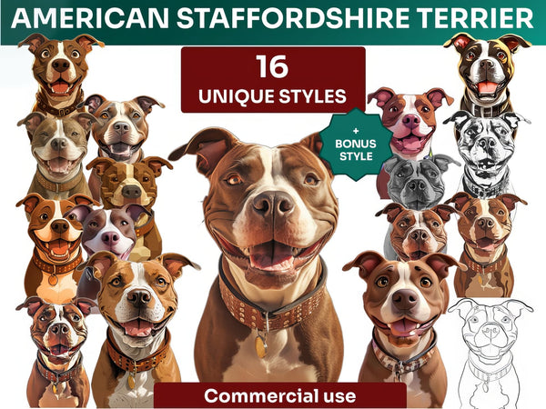 American Staffordshire Terrier Clipart Bundle, Dog Portraits Bundle in 16 Unique Art Styles, American Staffordshire Terrier PNG Files
