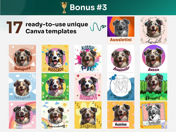 Get your bonus #3 – Canva Template Preview Featuring 17 Design Styles of Australian Shepherd Portrait Art for POD