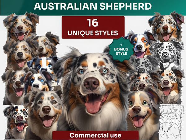 Australian Shepherd Clipart Bundle, Dog Portraits Bundle in 16 Unique Art Styles, Australian Shepherd PNG Files