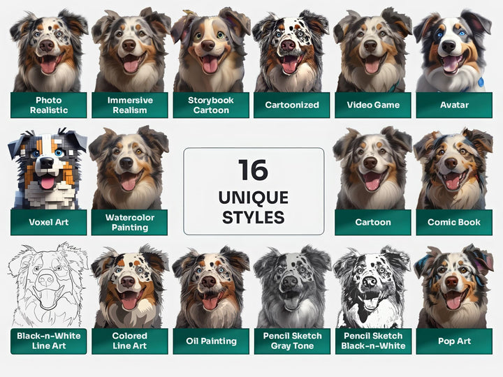 Australian Shepherd PNG Clipart in 16 Art Styles including Realistic, Cartoon, Avatar, Watercolor, Line Art, Sketch, and More