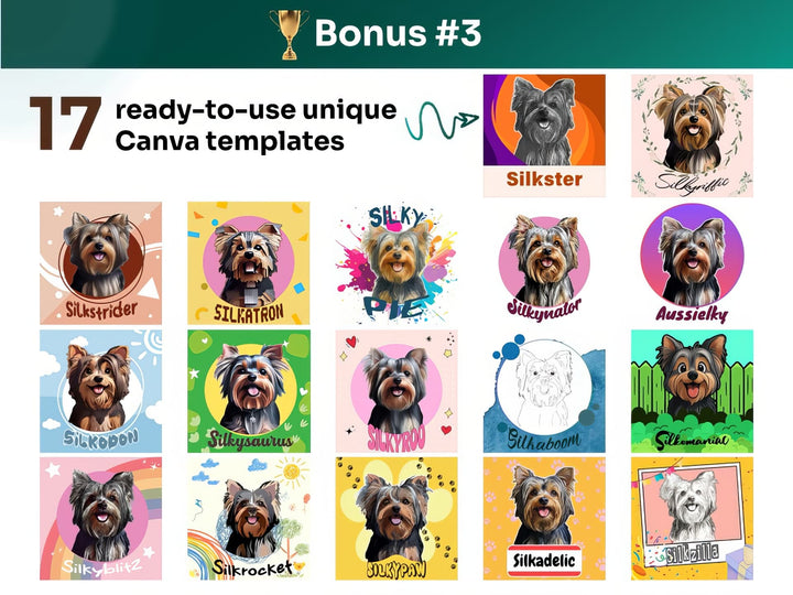 Get your bonus #3 – Canva Template Preview Featuring 17 Design Styles of Australian Silky Terrier Portrait Art for POD