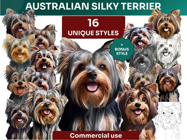 Australian Silky Terrier Clipart Bundle, Dog Portraits Bundle in 16 Unique Art Styles, Australian Silky Terrier PNG Files