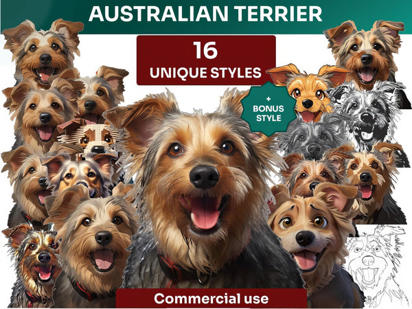 Australian Terrier Clipart Bundle, Dog Portraits Bundle in 16 Unique Art Styles, Australian Terrier PNG Files