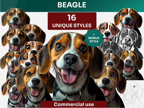 Beagle Clipart Bundle, Dog Portraits Bundle in 16 Unique Art Styles, Beagle PNG Files