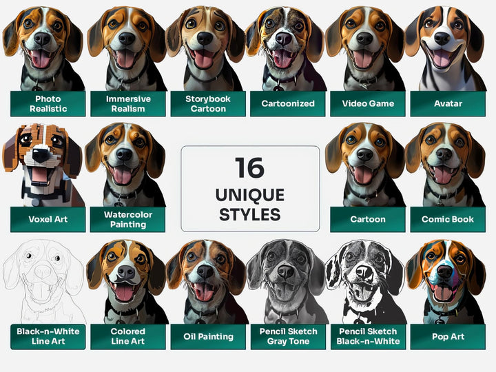 Beagle PNG Clipart in 16 Art Styles including Realistic, Cartoon, Avatar, Watercolor, Line Art, Sketch, and More