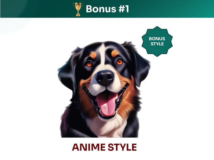 Get your extra bonus #1 - a unique Bernese Mountain Dog Dog Portrait in Anime art style.