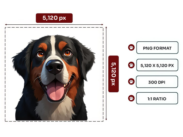Bernese Mountain Dog Portrait PNG Files – 5120x5120 px, 300 DPI, Transparent Background, Square 1:1 Ratio
