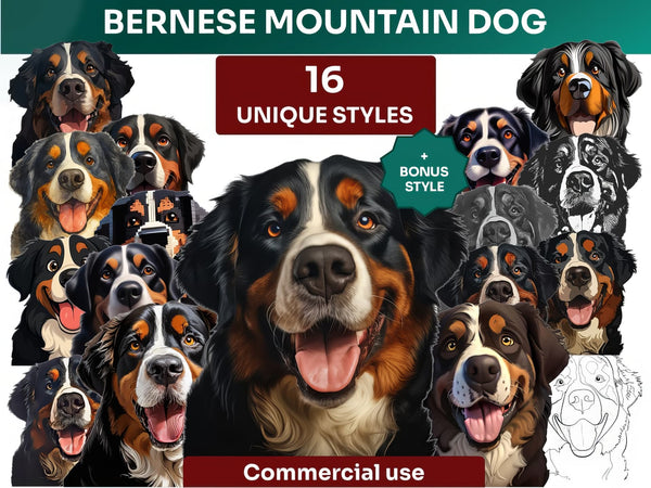 Bernese Mountain Dog Clipart Bundle, Dog Portraits Bundle in 16 Unique Art Styles, Bernese Mountain Dog PNG Files