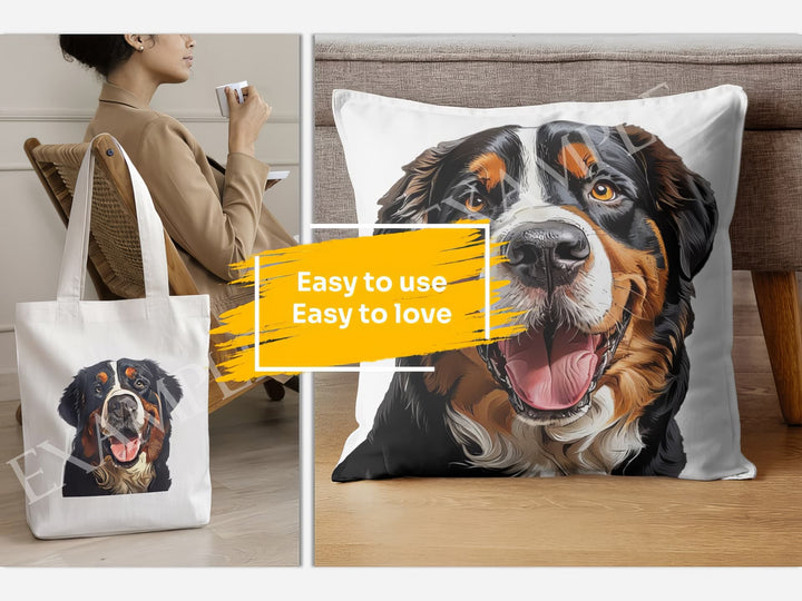 Bernese Mountain Dog Dog Portrait: Mockup Examples. Bring your gift ideas to life