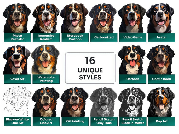 Bernese Mountain Dog PNG Clipart in 16 Art Styles including Realistic, Cartoon, Avatar, Watercolor, Line Art, Sketch, and More