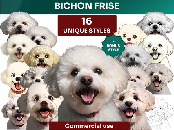 Bichon Frise Clipart Bundle, Dog Portraits Bundle in 16 Unique Art Styles, Bichon Frise PNG Files