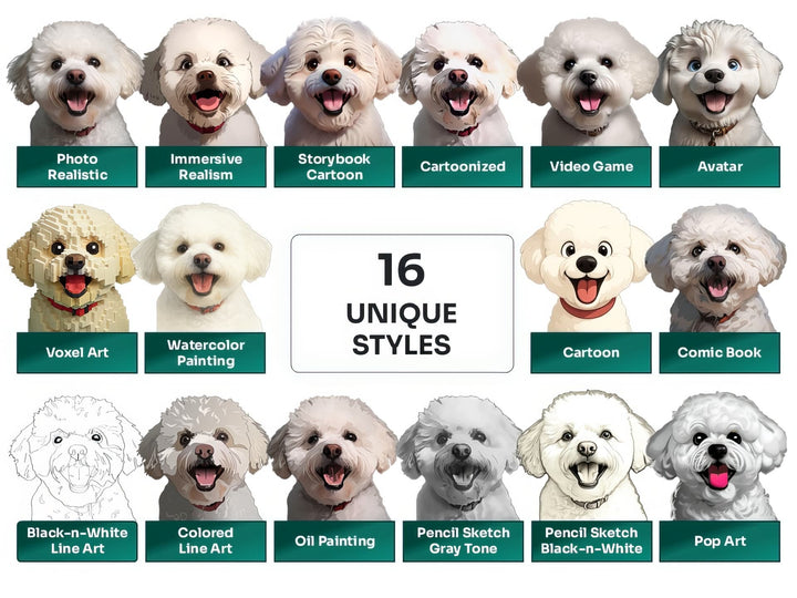 Bichon Frise PNG Clipart in 16 Art Styles including Realistic, Cartoon, Avatar, Watercolor, Line Art, Sketch, and More