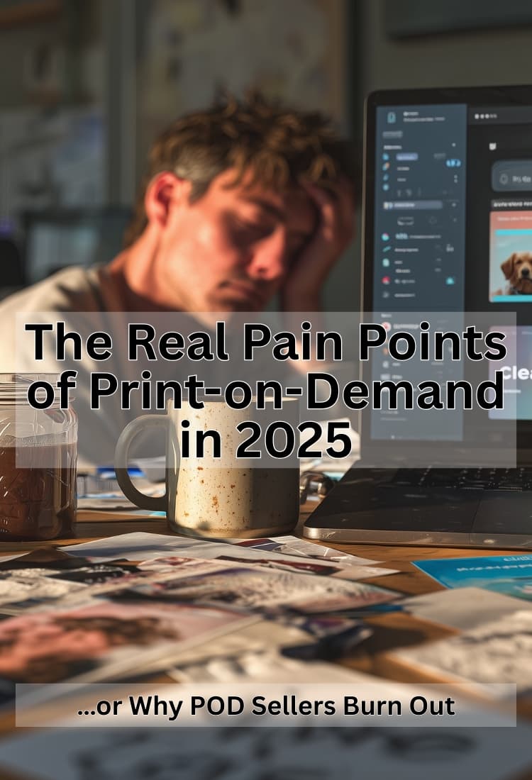 Person working at a desk with a laptop and printed materials, with text overlay about print-on-demand in 2025.