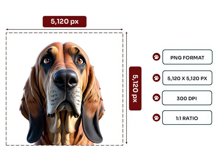 Bloodhound Portrait PNG Files – 5120x5120 px, 300 DPI, Transparent Background, Square 1:1 Ratio