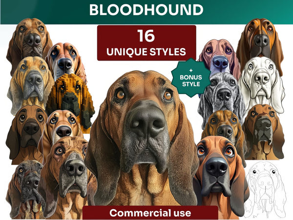 Bloodhound Clipart Bundle, Dog Portraits Bundle in 16 Unique Art Styles, Bloodhound PNG Files