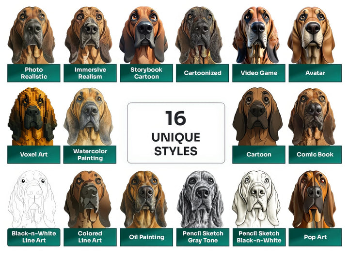 Bloodhound PNG Clipart in 16 Art Styles including Realistic, Cartoon, Avatar, Watercolor, Line Art, Sketch, and More