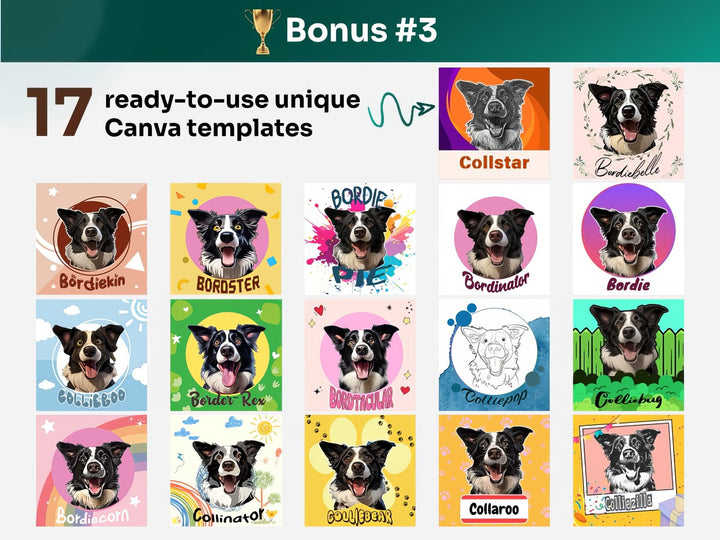 Get your bonus #3 – Canva Template Preview Featuring 17 Design Styles of Border Collie Portrait Art for POD