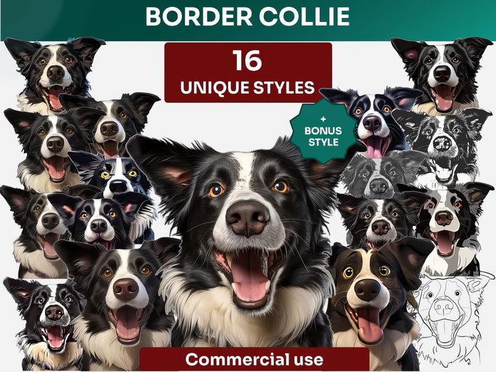 Border Collie Clipart Bundle, Dog Portraits Bundle in 16 Unique Art Styles, Border Collie PNG Files