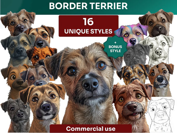 Border Terrier Clipart Bundle, Dog Portraits Bundle in 16 Unique Art Styles, Border Terrier PNG Files