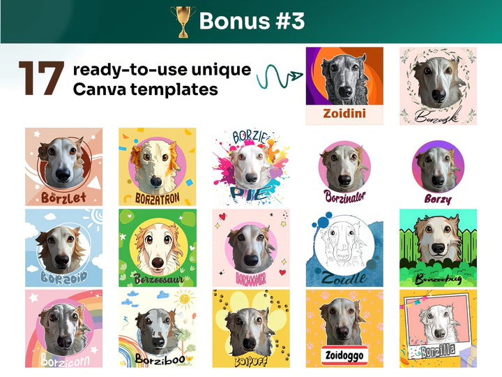 Get your bonus #3 – Canva Template Preview Featuring 17 Design Styles of Borzoi Portrait Art for POD