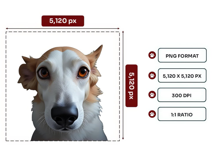 Borzoi Portrait PNG Files – 5120x5120 px, 300 DPI, Transparent Background, Square 1:1 Ratio