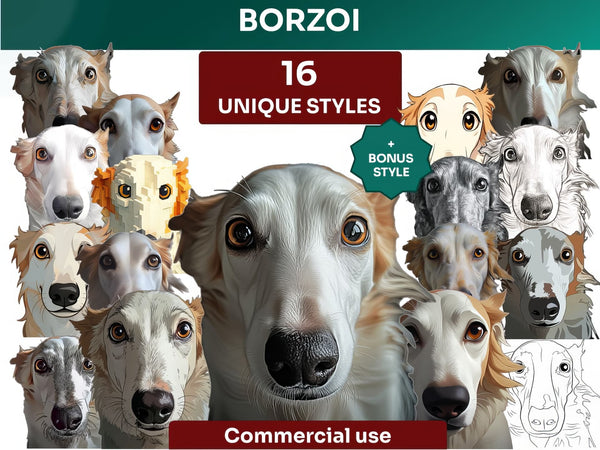 Borzoi Clipart Bundle, Dog Portraits Bundle in 16 Unique Art Styles, Borzoi PNG Files