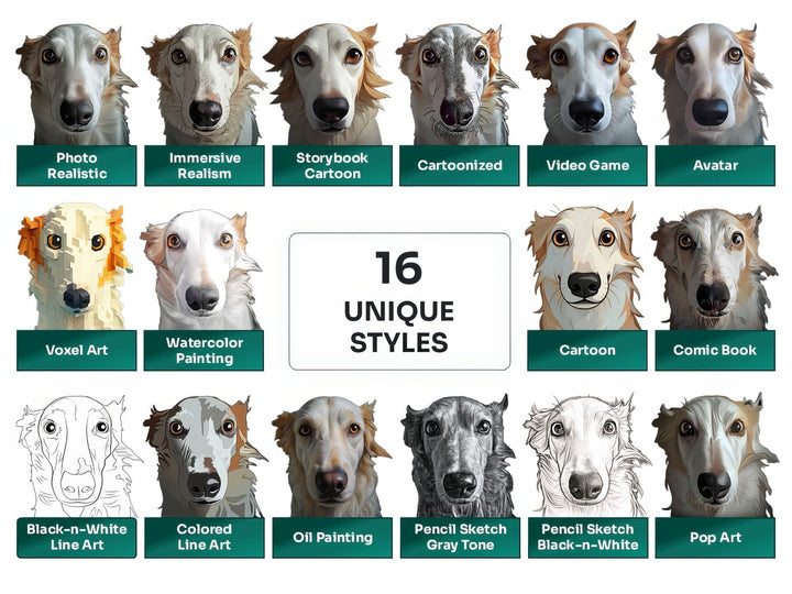 Borzoi PNG Clipart in 16 Art Styles including Realistic, Cartoon, Avatar, Watercolor, Line Art, Sketch, and More