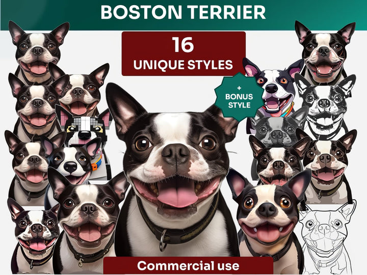 Boston Terrier Clipart Bundle, Dog Portraits Bundle in 16 Unique Art Styles, Boston Terrier PNG Files