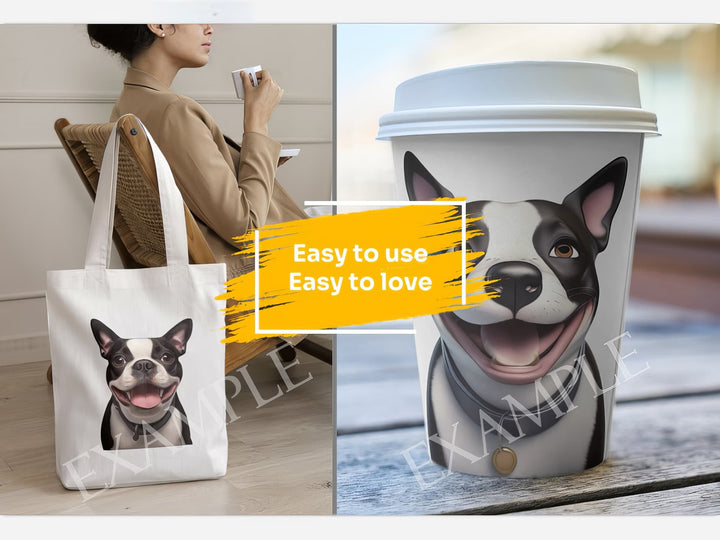 Boston Terrier Dog Portrait: Mockup Examples. Bring your gift ideas to life