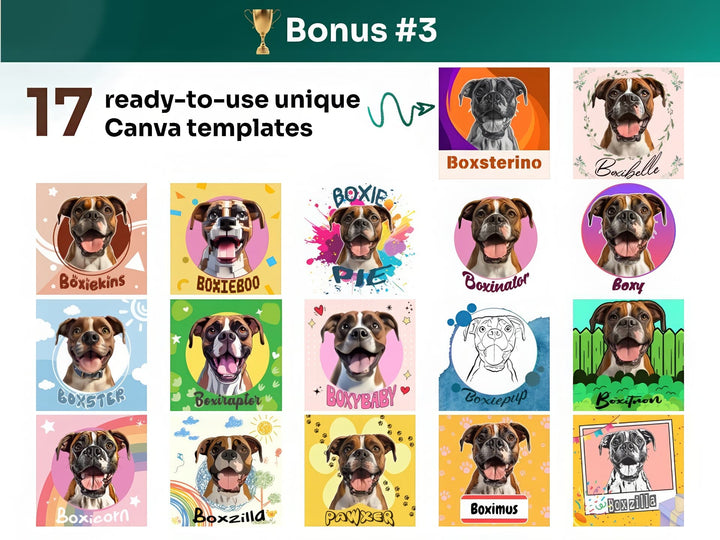 Get your bonus #3 – Canva Template Preview Featuring 17 Design Styles of Boxer Portrait Art for POD