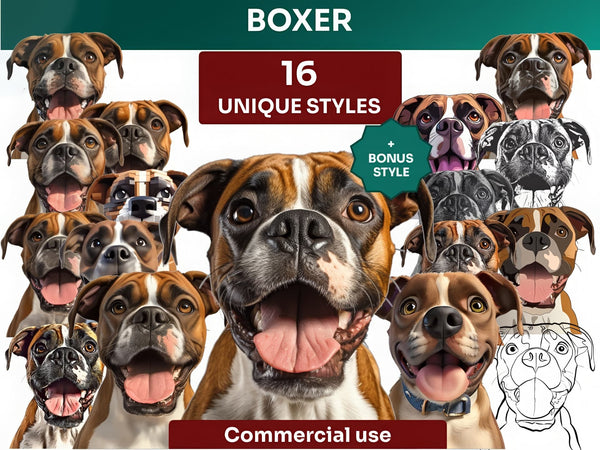 Boxer Clipart Bundle, Dog Portraits Bundle in 16 Unique Art Styles, Boxer PNG Files