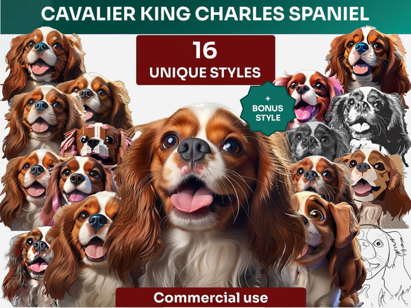 Cavalier King Charles Spaniel Clipart Bundle, Dog Portraits Bundle in 16 Unique Art Styles, King Charles Spaniel PNG Files