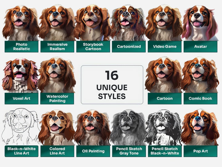 Cavalier King Charles Spaniel PNG Clipart in 16 Art Styles including Realistic, Cartoon, Avatar, Watercolor, Line Art, Sketch, and More