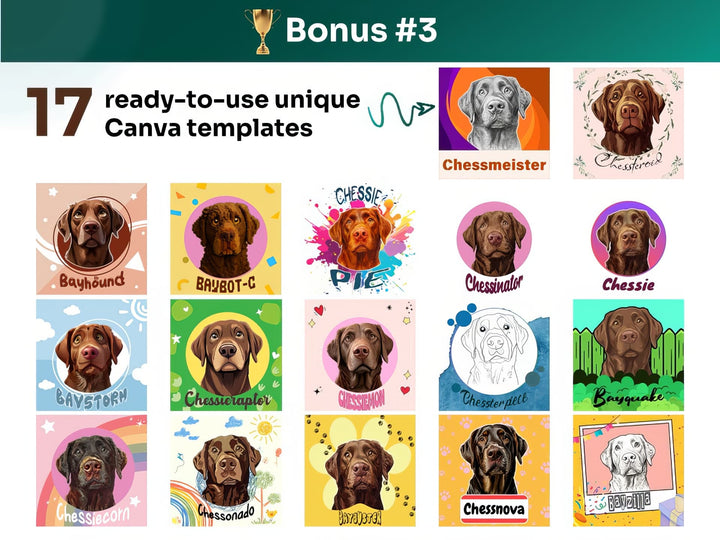 Get your bonus #3 – Canva Template Preview Featuring 17 Design Styles of Chesapeake Bay Retriever Portrait Art for POD