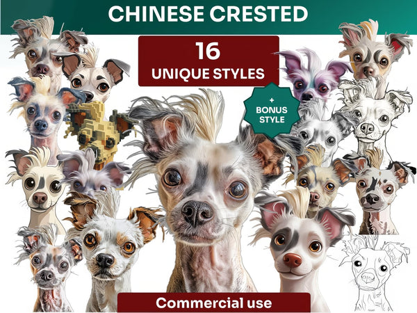 Chinese Crested Clipart Bundle, Dog Portraits Bundle in 16 Unique Art Styles, Chinese Crested PNG Files