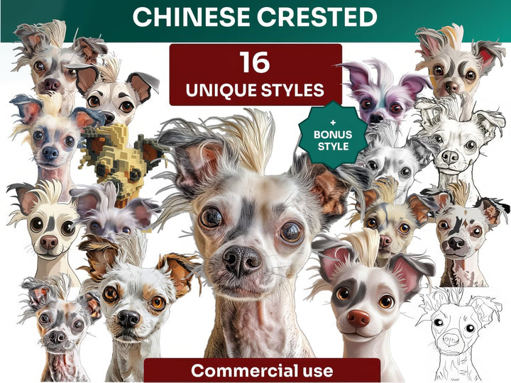 Chinese Crested Clipart Bundle, Dog Portraits Bundle in 16 Unique Art Styles, Chinese Crested PNG Files