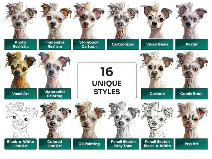 Chinese Crested PNG Clipart in 16 Art Styles including Realistic, Cartoon, Avatar, Watercolor, Line Art, Sketch, and More