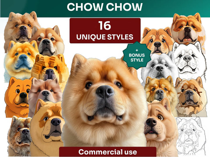 Chow Chow Clipart Bundle, Dog Portraits Bundle in 16 Unique Art Styles, Chow Chow PNG Files