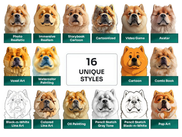 Chow Chow PNG Clipart in 16 Art Styles including Realistic, Cartoon, Avatar, Watercolor, Line Art, Sketch, and More