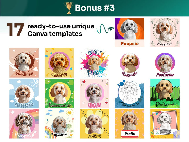 Get your bonus #3 – Canva Template Preview Featuring 17 Design Styles of Cockapoo Portrait Art for POD