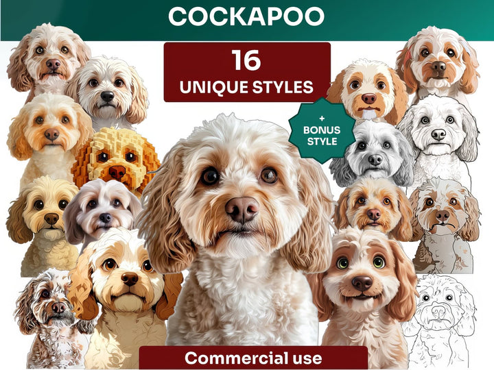 Cockapoo Clipart Bundle, Dog Portraits Bundle in 16 Unique Art Styles, Cockapoo PNG Files
